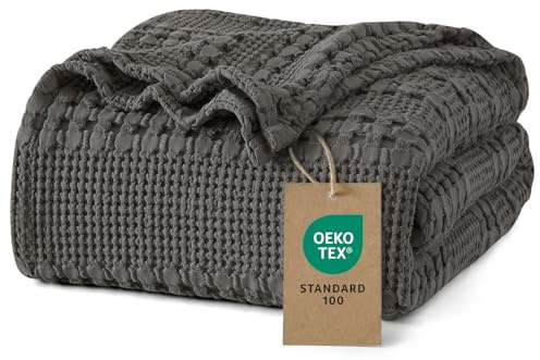 PHF 100% Baumwolle Waffledecke Kuscheldecke 150x200cm, Oeko-TEX® Zertifiziert - Hotelwäschequalität - Ideal für Sofa Couch Bett, leicht & atmungsaktiv, Anthrazitgrau (Charcoal Grey)