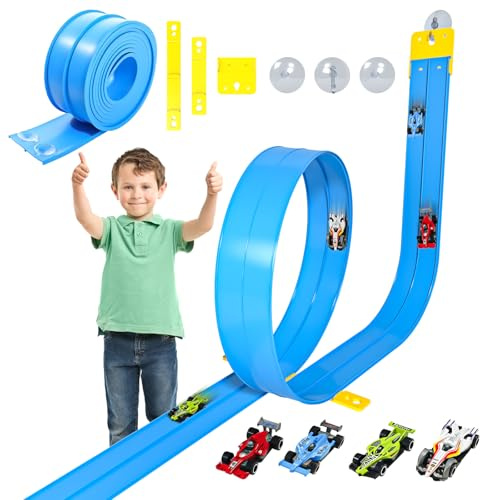 Doloowee 5M Flexible Autorennbahn Dual Rennstrecke Rampen für Kinder | Flexible Rennbahn mit Saugnäpfen, Tragbare DIY-Autorennbahn mit 4 Autos, Spielzeug Geschenk für Kinder ab 3 Jahren