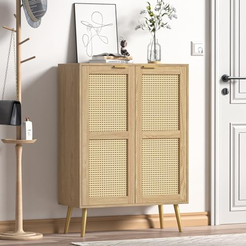 Skokliz Aparador de ratán con 2 Puertas, Armario Buffet con Estante Ajustable, Cocina Buffet para Cocina, salón, Comedor, Pasillo, Madera, Estilo rústico, 80 x 34 x 112 cm