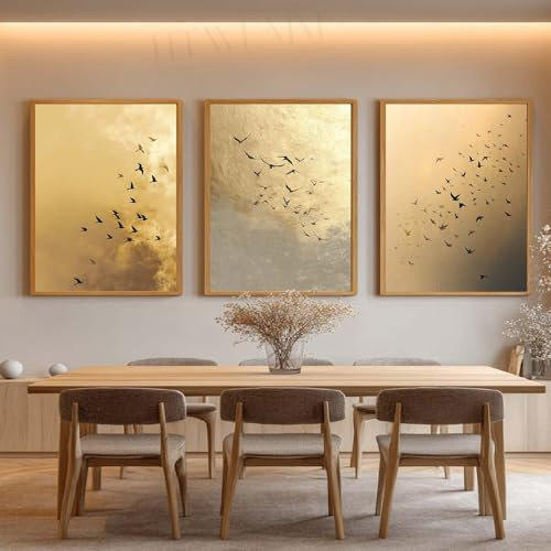 HTWLMM Abstrakte Gold Fliegende Vögel Bilder Goldfolie Leinwand Malerei Kunstdruck Gemälde für Schlafzimmer Wohnkultur Wohnzimmer Wanddekoration-Ohne Rahmen (3X50X70CM,A)