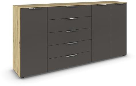 Rauch Möbel Flipp, Kommode, Farbe Graphit/Eiche Artisan, Breite 199 cm | Sideboard, 3-türig, 5 Schubladen, Soft-Close-Funktion, für Schlafzimmer, Gästezimmer, Wohnzimmer, Garderobe, Flur