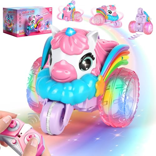 TODARRUN Unicorn Remote Control Stunt Car for Kid Girls Age 3 4 5 6 7 Year+ | Three-Wheel Design Performs 360° Flips and 90° Upright Driving; 2.4GHz Control Offers Up to 40m Range Indoors or Outdoors.