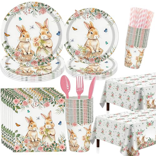 162Pcs Bunny Party Birthday Decorations Tableware, Bunny Birthday Supplies, Paper Plate, Cup, Napkin, Tablecloth, Cutlery, Rabbit Party Decorations For 1st 2nd Birthday, Serves 20