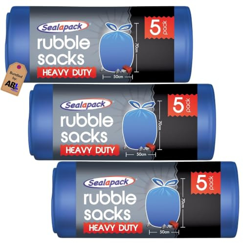 3 x 5 Heavy Duty Rubble Sacks 70 x 50cm – Extra Strong Plastic Builders Bags – Thick Reusable Garden & Waste Refuse Sacks – Industrial Plastic Rubbish Bags for Construction, Garden Waste & Recycling