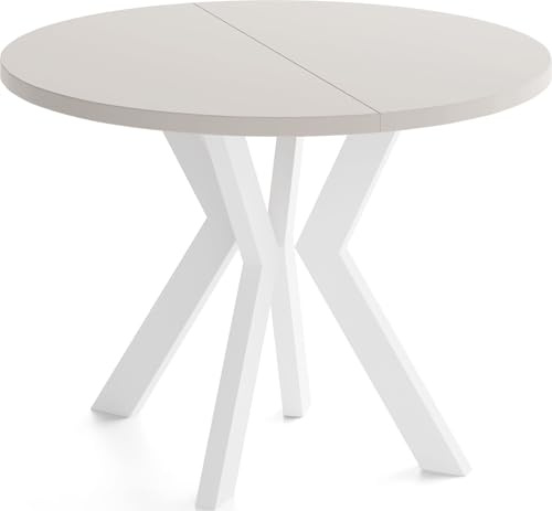 WFL GROUP Runder Esstisch Ausziehbar 90-190 cm – Verlängerbar, für 5-9 Personen mit Weißen Holzbeinen – Tisch für Wohnzimmer & Esszimmer in Kaschmir