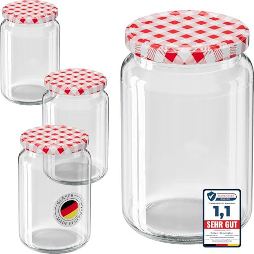 WELLGRO 50x Einmachgläser 635ml – Schraubdeckel TO82 rot kariert – Made in Germany – Vorratsgläser, Marmeladengläser, Aufbewahrungsgläser & Gärgläser