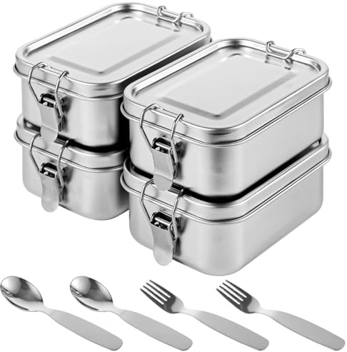 BOSREROY 4er-Set rechteckige Lunchboxen aus 304 Edelstahl, stapelbare Behälter mit Dichtung und Verschluss, mit 2 Gabeln und 2 Löffeln, 550 ml, für Büro und Alltag, leicht zu verstauen