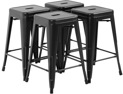 FDW Metal Bar Stools Set of 4 Counter Height Bar Stools 24 Inches Industrial Bar Chairs Patio Stool Stackable Backless Stool Indoor Outdoor Metal Kitchen Stools Bar Chairs (Black, 24)