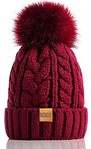 REDESS Damen Winter Bommel Beanie Mütze mit warmem Fleece gefüttert, Dicker Slouchy Snow Knit Skull Ski Cap