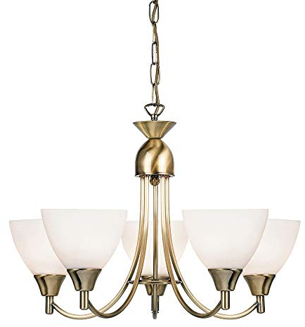 Andy Decorative 5 Way Antique Brass Branch Arm Pendant Ceiling Light with Matt Opal Glass Shades