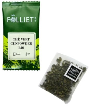 CAFÉS FOLLIET - Thé Vert Bio - Gunpowder - Goût épicé - Antioxydant & Anti-inflammatoire - Sachets d'origine végétale - 24 Sachets