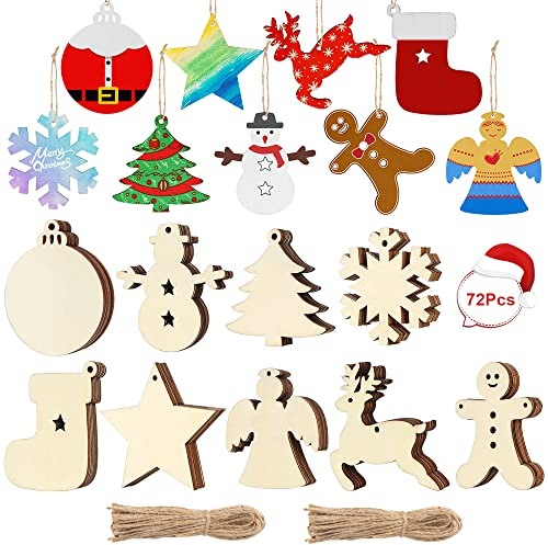 Holz Weihnachtsdeko Anhänger, 72 Stück Christbaumschmuck, Weihnachtsanhänger, DIY Basteln, Kleine Anhänger, Weihnachtsbaum Deko