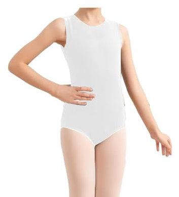 BODYWEAR LTD Ärmelloser Gymnastikanzug für Mädchen, glänzendes Nylon, bequeme Passform, Performance-Wear, Tanzunterricht, Ballettgymnastik, Tanz, Schule, Sportbekleidung, weiß, 11-12 Years