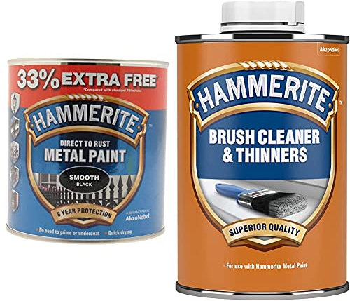 Hammerite 5158235 Metal Paint, Smooth Black, 1L & 5084920 Brush Cleaner And Thinners 1Ltr