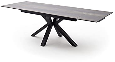 NAGANO Esstisch Glas-Keramik mit vormontierten Stirnauszug, ausziehbar bis 240 cm, Tischplatte aus Sicherheitsglas mit Keramikoberfläche, Gestell Metall schwarz matt Tischplatte in Holzoptik Barrique