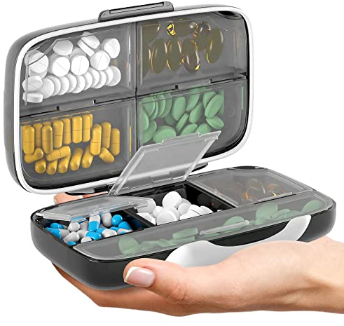 Reise-Pillen-Organizer – Luftdichte Medikamententasche für Reisen, tragbare Apothekenbox mit Etiketten, Vitaminbehälter, 8 Fächer, Nahrungsergänzungsmittel, Medikamentenhalter, große Kapazität,