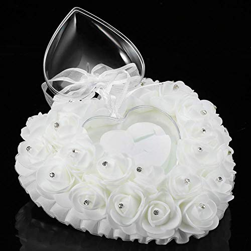 Ringkissen Hochzeit, Ringbox mit Rose feinem Strasssteinchen und Schleife, Romantische Ringschatulle Hochzeitsdeko für Ehering, 16x15cm