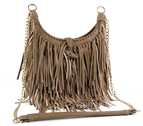 LUI SUI Damen handgefertigte Leder Franse Quaste Crossbody Hobo Schultertasche Umhängetaschen (Khaki)