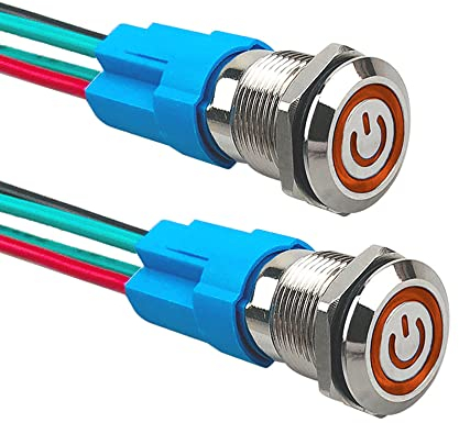 Aiqeer 2 Stück 12 mm Rastend Druckschalter, 12V / 24V 3A Auto Zündung Starter Schalter, IP66 Wasserdichter Edelstahl Druckschalter, mit Vorverdrahteter Steckdose (Gelb LED)