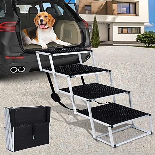Extra breite Hundetreppe für große Hunde, Auto, leichte Aluminium-Hunderampen, Stufen, Faltbare Haustiertreppe, 4 Stufen, Autos und SUV, unterstützt bis zu 90 kg
