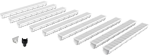 Entwässerungsrinne MEA DECOLINE aus GFK, 9er Pack (9x1m) mit Längsstabrost aus Kunststoff in steingrau ohne Zubehör - Entwässerungssystem für Terrassen, Schwimmbäder, Garageneinfahrten, Fußgängerzonen