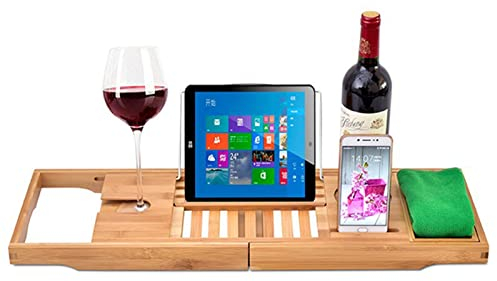 Ccsh Badewannenablage Erweiterbares Bambus-Badewannen-Caddy-Tablett für Luxus-Badewanne aus Holz, Verstellbares Badewannentablett, Tischregal mit Weinbecherhalter, Buchhalter, Telefonplatz