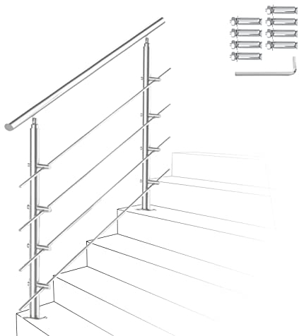 Ikodm Corrimano in acciaio inox, ringhiera per scale, 120 cm, con 4 barre trasversali e accessori, per scale, interni, balcone, ingresso di casa
