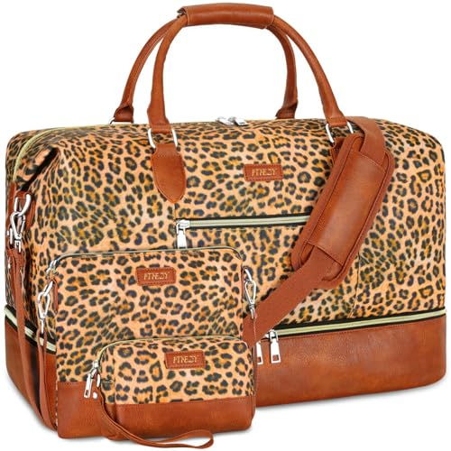 Weekender Bag für Damen, Reisetasche, Handgepäck, Übernachtungstasche, mit Schuhfach, groß, Nylon, Reise-Wochenend-Tragetasche, 4 Leopardenmuster, Large, Weekender Bag für Damen, Reisetasche,
