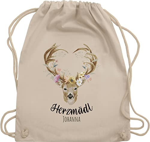 Turnbeutel Rucksack - Kompatibel Oktoberfest - Herzmädl Hirsch Geweih Hirschgeweih Madl - Unisize - Naturweiß - oktoberfest-tasche trachten name turnsack trachtenrucksack bayrisch herz rucksäcke