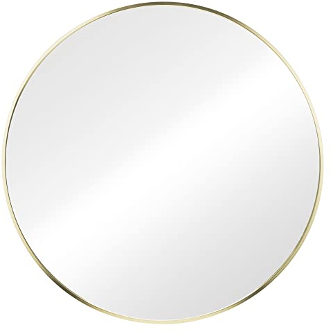 Navaris Wandspiegel rund mit Rahmen - Deko Spiegel Ø 60cm zum Aufhängen - Badezimmerspiegel Flur WC - abgerundete Ecken oben - Gold