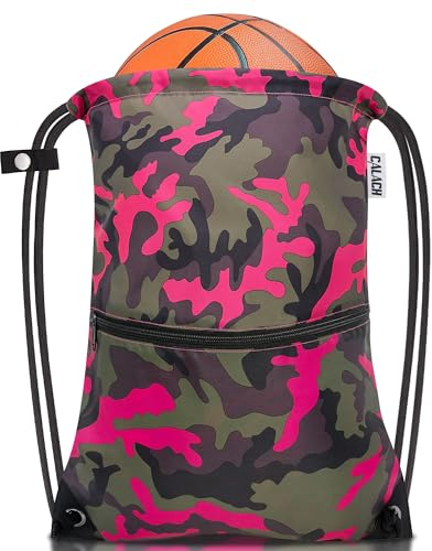 CALACH Rucksack mit Kordelzug, Sport, Turnbeutel, Yoga, Reisesack für Damen und Herren, große Größe mit Reißverschlusstaschen, Pingreencamo, Large, Militär