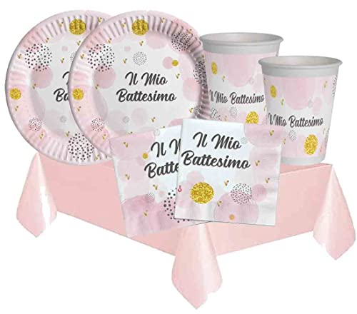 irpot kit n.78 per 8 persone battesimo rosa bambina decorazioni piatti carta piatti dessert bicchieri tovaglioli chic rosa tenue party festa battezzo bimba pastello