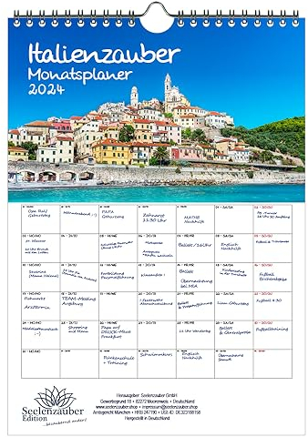 Italienzauber Planer DIN A4 Kalender für 2024 Rom Urlaub Strand Meer Italien - Geschenkset Inhalt: 1x Kalender, 1x Weihnachts- und 1x Grußkarte (insgesamt 3 Teile)