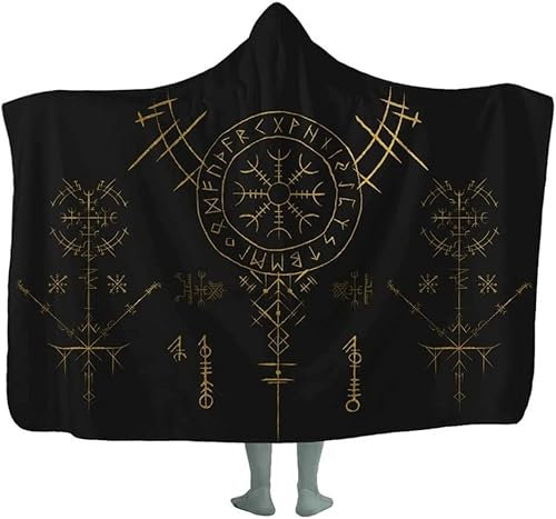 IUBBKI Wikinger-Decke für Herren, tragbar, nordische Runen und Helm der Ehren, Totem, Kapuzendecke, 3D-Druckmuster, Umhang, zierlich, hübsche Wikinger-Bettwäsche, 127 x 152,4 cm