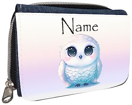 Geldbörse mit Name/Jeans oder Schwarz/Schriftart für Namen wählbar/Geldbeutel Portemonnaie personalisiert für Kinder oder Teenager (Schneeeule)