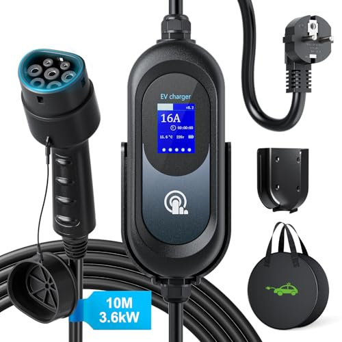 EVJUICION 10 Metres Chargeur Voitures Electriques, 3.6KW, 8-16A Programmé Chargeur EV Type 2 avec écran et Support Mural, IP65, IEC 62196, Portabilité Cable Recharge Voiture Electrique avec Sac