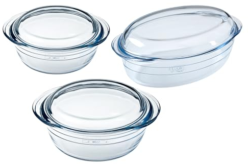 Ôcuisine® Casserole Glass Round Dishes with Handles Oven Safe - Freezer Safe - Microwave Safe Borosilicate Glass Made in France (Set Round 2.1LT + 3LT & Oval 4LT)