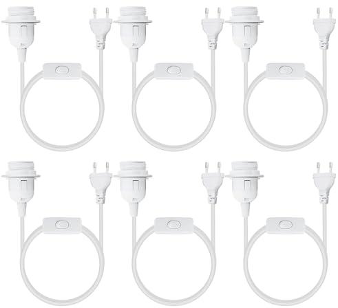 Lot de 6 Douilles E27 Avec Interrupteur - Câble de 1,8 m pour Lampe, Bureau, Cuisine, Salon, Chambre d'Enfant (Blanc)