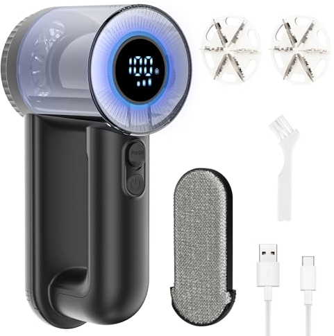 Dreamhigh® Electric Lint Shaver, 2 in 1 Togli Pelucchi Elettrico con Spazzola per Pelucchi, Ricaricabile Leva Pelucchi Elettronico con Display LED, 3 Velocità Testa a 6 Lame (Nero)