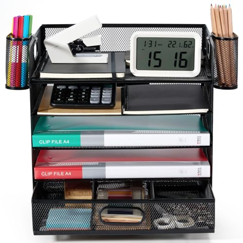 Organisateur de Bureau,Bac à Courrier Empilable 5 Niveaux, avec 2 support de dossiers, 2 Pot a Crayon, Plateau de Rangement de Bureau en métal, Range Document Bureau, Noir
