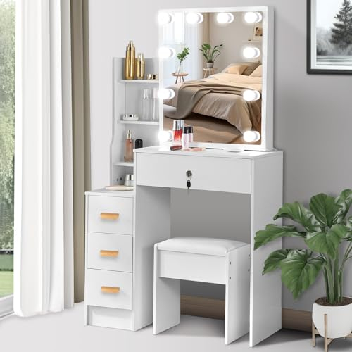 Saimeihome Schminktisch mit Spiegel und Hocker, Frisiertisch mit Beleuchtung, Kosmetiktisch mit 4 Schubladen 7 Ablageflächen, Weiß Schminktisch für Schlafzimmer Kinderzimmer 83x36x140cm