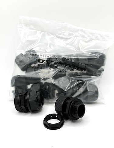 Pack of 10 M25 Black 25mm IP68 Waterproof Nylon Cable Glands, Locknut and Washer for 13mm - 18mm Cables, Compression Stuffing Gland Connector Sparky Market