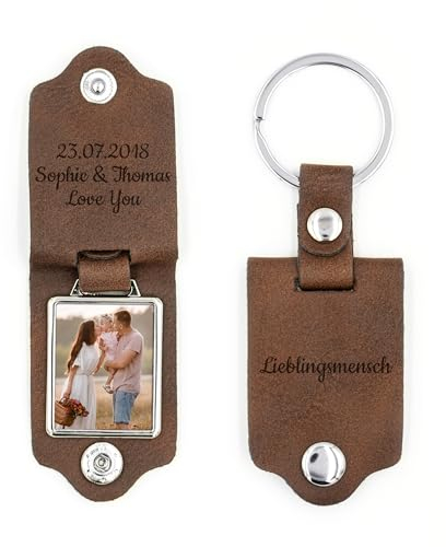 Geschenkfreude Schlüsselanhänger mit Gravur personalisiert mit Foto Geschenke für Vatertag und Muttertag - inkl. Bild aus Leder - Geschenke für Paare - Foto Geschenkideen