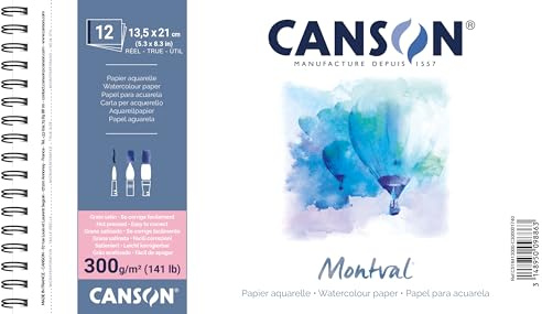 CANSON Montval Aquarellpapier Spiralblock, Satin, 300 g/m², 12 Blatt, 13,5 x 21 cm, Grau