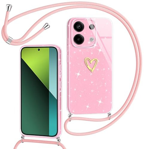 Yichxu Coque pour Xiaomi Redmi Note 13 Pro 5G avec Cordon, Glitter Silicone Housse avec Collier, Réglable Lanyard Case avec Motif Coeur d'amour, Etui Protection Cover pour Redmi Note 13 Pro 5G, Rose