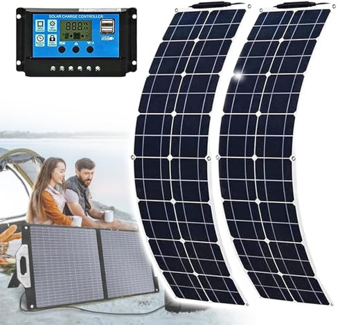 Eastnmythet 2 pièces 200W Panneau Solaire Flexible 12V Kit de Panneau Solaire monocristallin Module photovoltaïque avec contrôleur 40A et câble d'extension pour Camping-Car RV,White