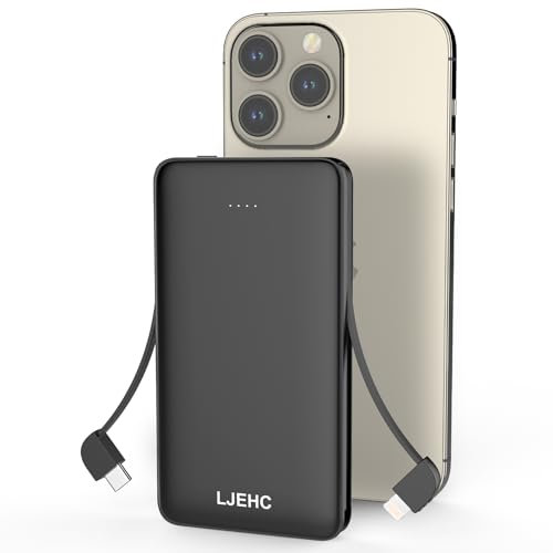 10000mAh Ultra Slim Power Bank with Built-in Cable, Portable Travel Phone Charger, External Battery Pack, USB Type C Cable, Clutch Charger Compatible with iPhone,