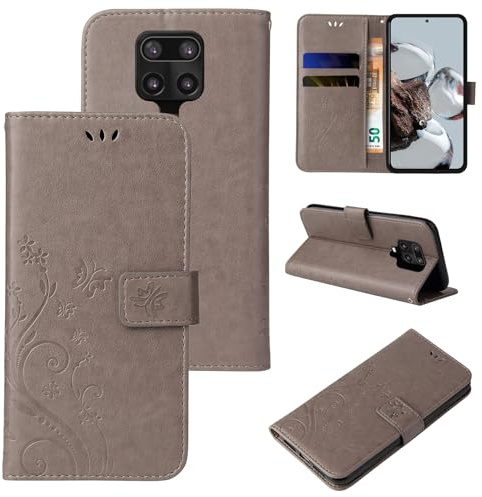 LBH Handy Hülle für Xiaomi Redmi Note 9 Pro Case Handytasche Schmetterling Blumen Flower Standfunktion Schutzhülle Magnet Rundum Schutz 360 Grad Flipcase Cover Grau