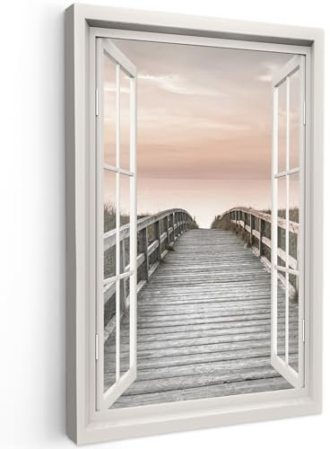 MuchoWow© Leinwand Bilder 40x60 cm Wanddeko Wohnzimmer Aesthetic Room Decor Deko Zimmer Wandbilder Moderne Bild auf Leinwand Fensterblick - Strand - Meer - Sonnenuntergang