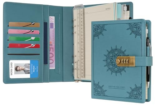 WASON Diary with Lock A5 Binder Ruled Spiral Notebook Journal Planner Portfolio and Refillable Writing Lined Paper Notepad, Pen, Clipboard Organizer For Ideal Business, School & Travel (Cyan)